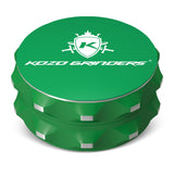 Kozo 2.5 inch two-piece non-stick aluminum grinder in green, closed front view with the Kozo logo on the lid