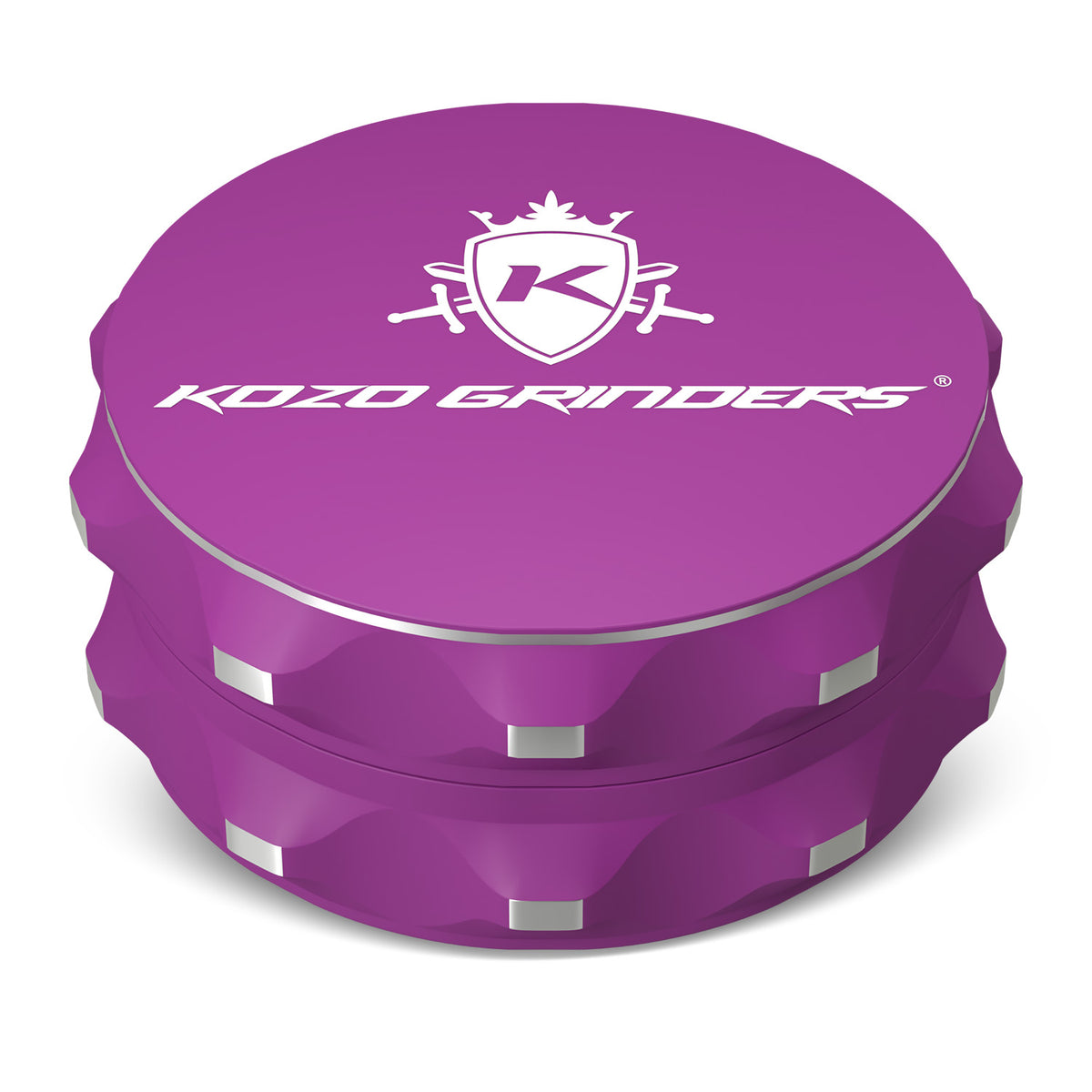 Kozo 2.5 inch two-piece non-stick aluminum grinder in purple, closed front view with the Kozo logo on the lid