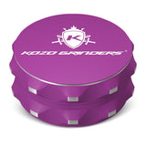Kozo 2.5 inch two-piece non-stick aluminum grinder in purple, closed front view with the Kozo logo on the lid