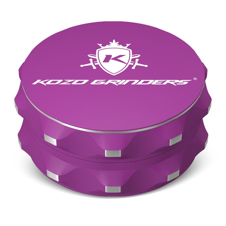 Kozo 2.5 inch two-piece non-stick aluminum grinder in purple, closed front view with the Kozo logo on the lid