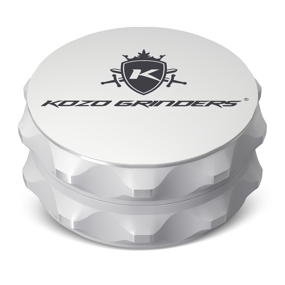 Kozo 2.5 inch two-piece non-stick aluminum grinder in white, closed front view with the Kozo logo on the lid
