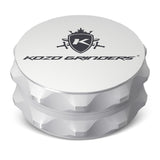 Kozo 2.5 inch two-piece non-stick aluminum grinder in white, closed front view with the Kozo logo on the lid