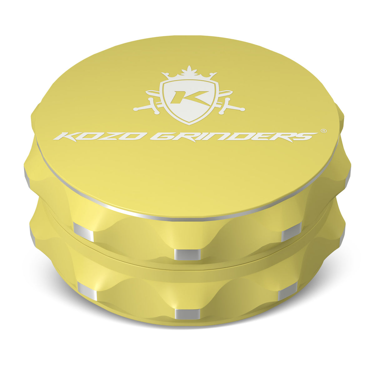 Kozo 2.5 inch two-piece non-stick aluminum grinder in yellow, closed front view with the Kozo logo on the lid