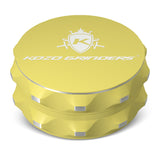Kozo 2.5 inch two-piece non-stick aluminum grinder in yellow, closed front view with the Kozo logo on the lid
