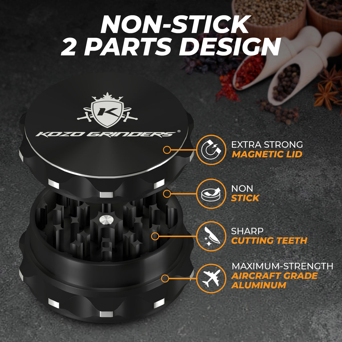 Kozo 2.5 inch two-piece non-stick aluminum grinder in black, open view with magnetic lid and sharp teeth callouts