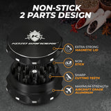 Kozo 2.5 inch two-piece non-stick aluminum grinder in black, open view with magnetic lid and sharp teeth callouts