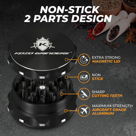 Kozo 2.5 inch two-piece non-stick aluminum grinder in black, open view with magnetic lid and sharp teeth callouts