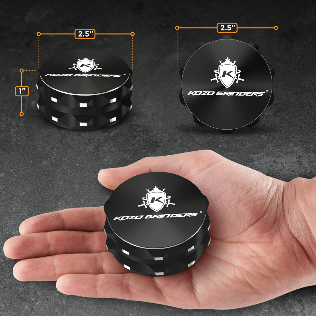 Kozo 2.5 inch two-piece non-stick aluminum grinder in black with 2.5 inch width and 1 inch height callouts beside a hand