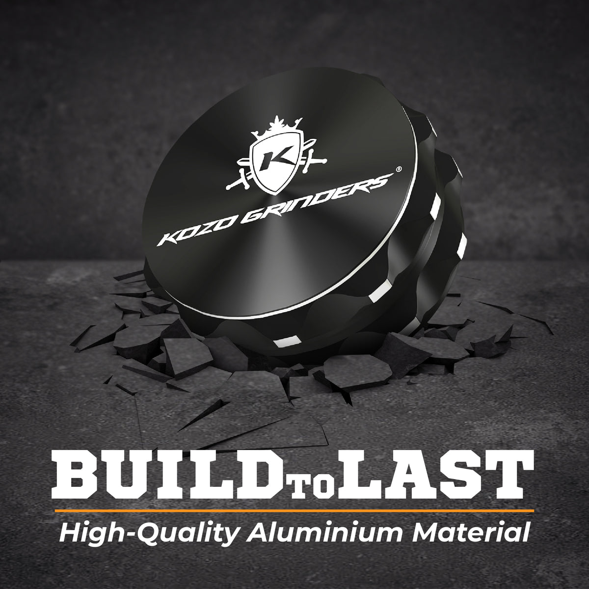 Kozo 2.5 inch two-piece non-stick aluminum grinder in black on cracked stone with a Build to Last aluminum callout