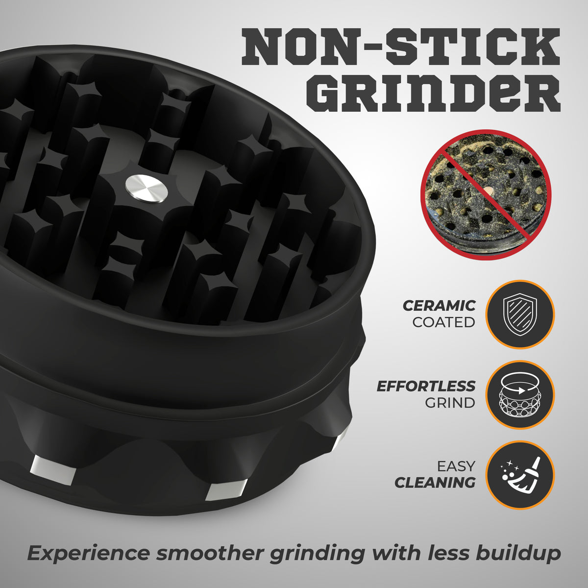 Kozo 2.5 inch two-piece non-stick aluminum grinder in black, open chamber close-up with ceramic coating callouts