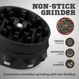 Kozo 2.5 inch two-piece non-stick aluminum grinder in black, open chamber close-up with ceramic coating callouts