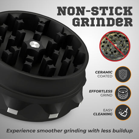 Kozo 2.5 inch two-piece non-stick aluminum grinder in black, open chamber close-up with ceramic coating callouts