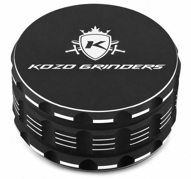Kozo 4 inch four-piece non-stick aluminum grinder in black, closed front view with the Kozo logo on the lid
