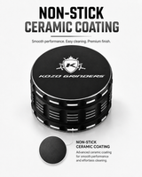 Kozo 4 inch four-piece non-stick aluminum grinder in black, non-stick ceramic coating callout over the lid close-up