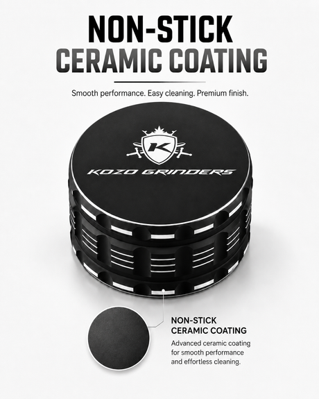 Kozo 4 inch four-piece non-stick aluminum grinder in black, non-stick ceramic coating callout over the lid close-up