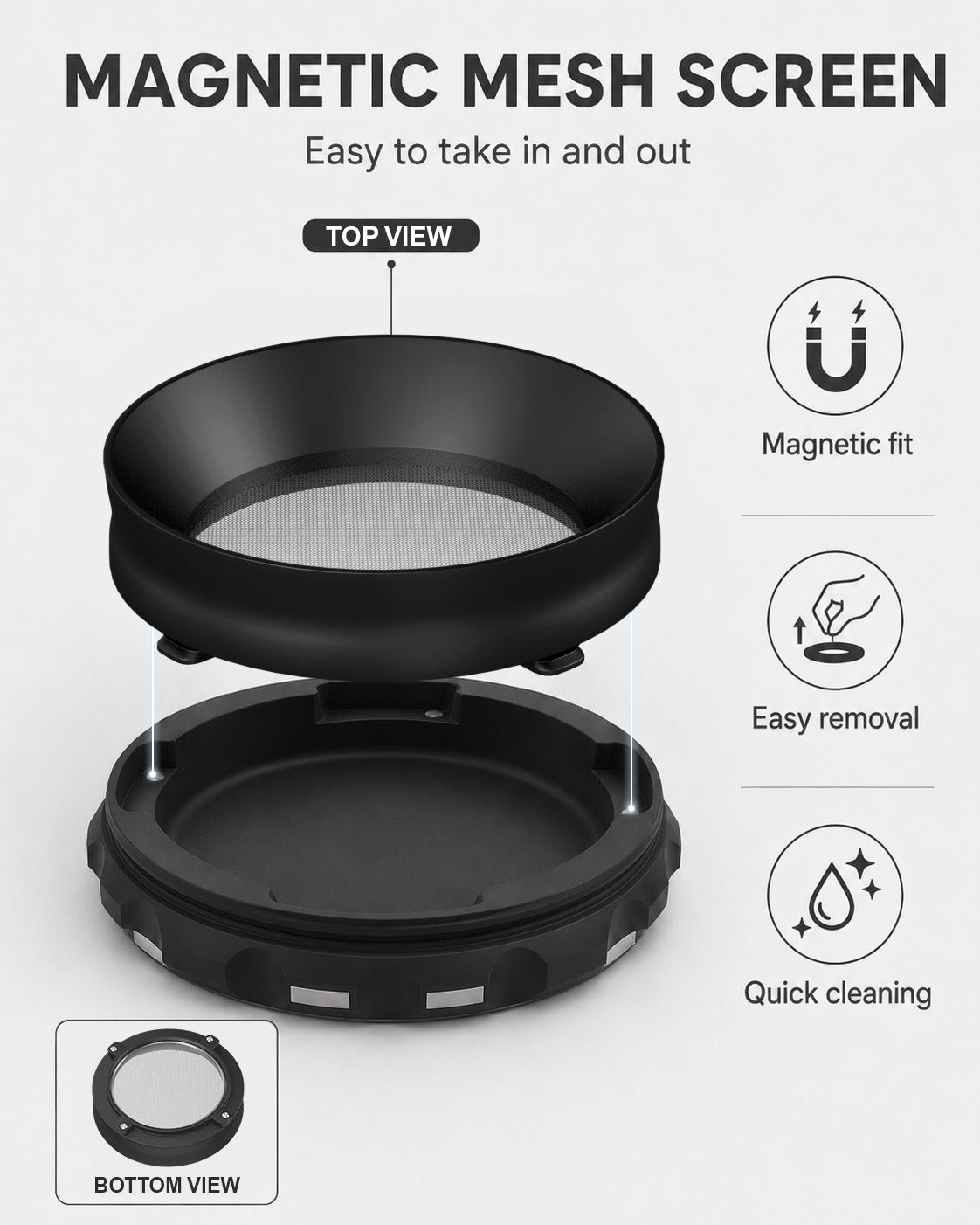 Kozo 4 inch four-piece non-stick aluminum grinder in black, magnetic mesh screen callout with the screen ring lifted out