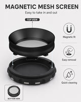 Kozo 4 inch four-piece non-stick aluminum grinder in black, magnetic mesh screen callout with the screen ring lifted out