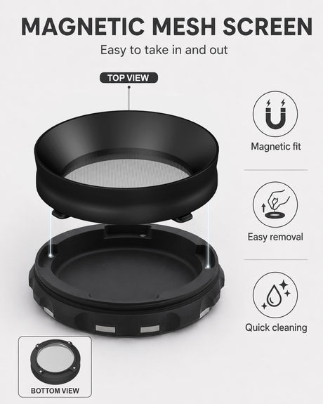 Kozo 4 inch four-piece non-stick aluminum grinder in black, magnetic mesh screen callout with the screen ring lifted out