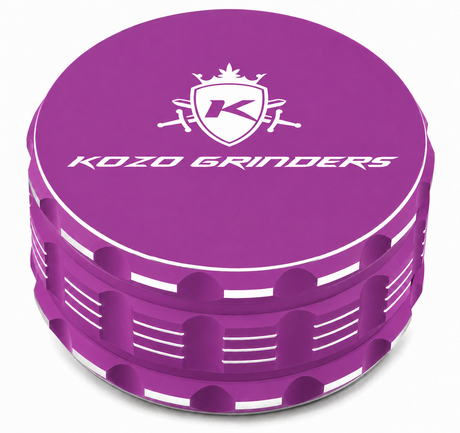 Kozo 4 inch four-piece non-stick aluminum grinder in purple, closed front view with the Kozo logo on the lid