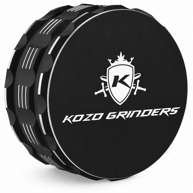 Kozo 3.5 inch ceramic non-stick aluminum grinder in black, angled view showing the grip notches and the Kozo logo lid