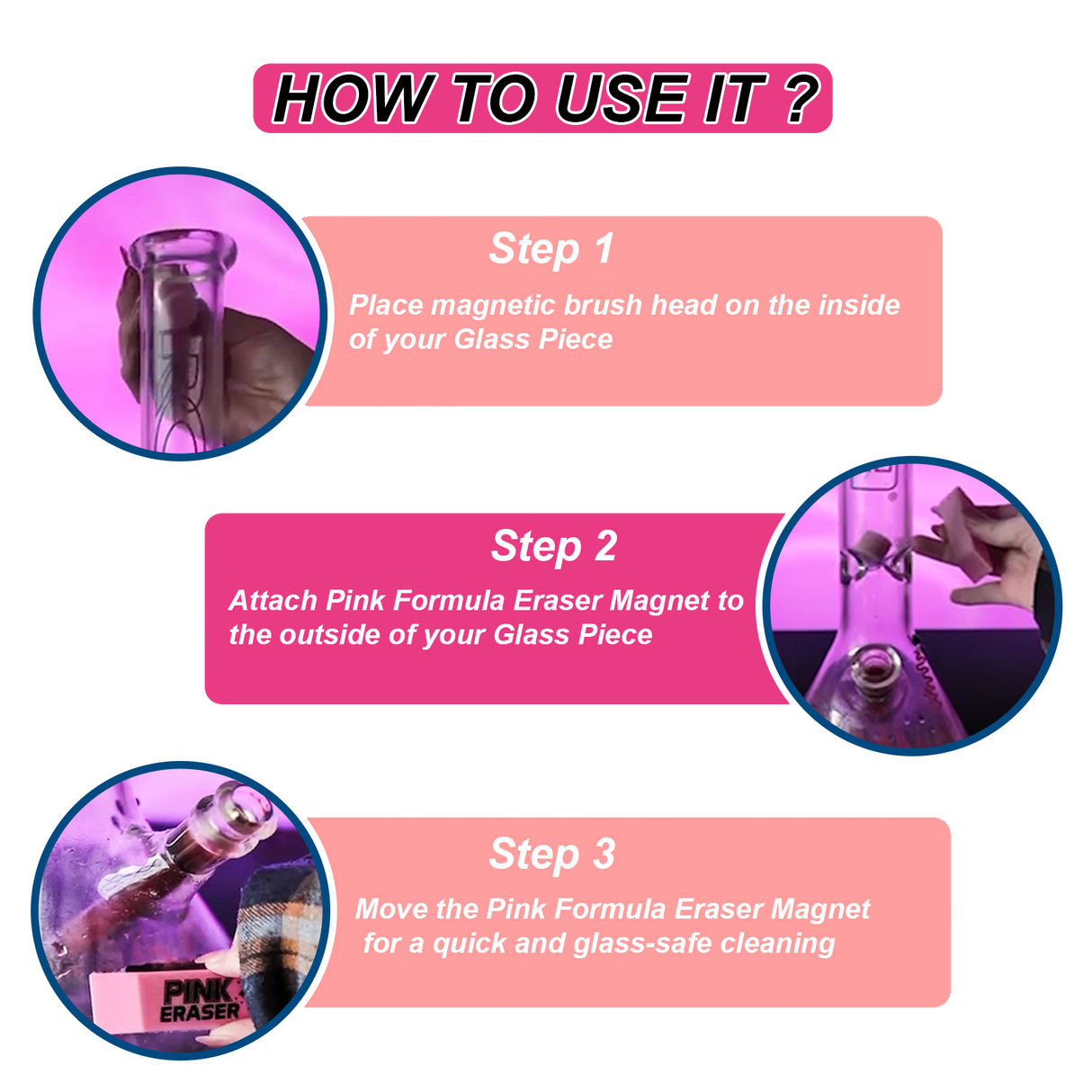 Pink Eraser Magnet Glass Cleaner instructional steps with product in use for cleaning glass pieces