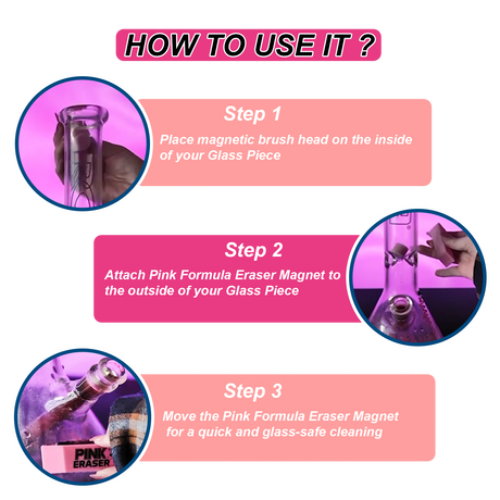 Pink Eraser Magnet Glass Cleaner instructional steps with product in use for cleaning glass pieces