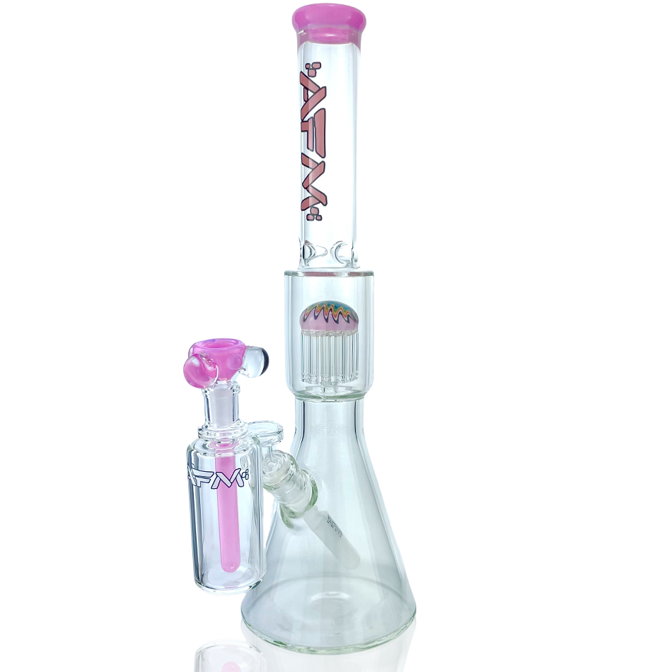 18" AFM Reversal Pink Glass Beaker Bong Bundle with AshCatcher - Front View