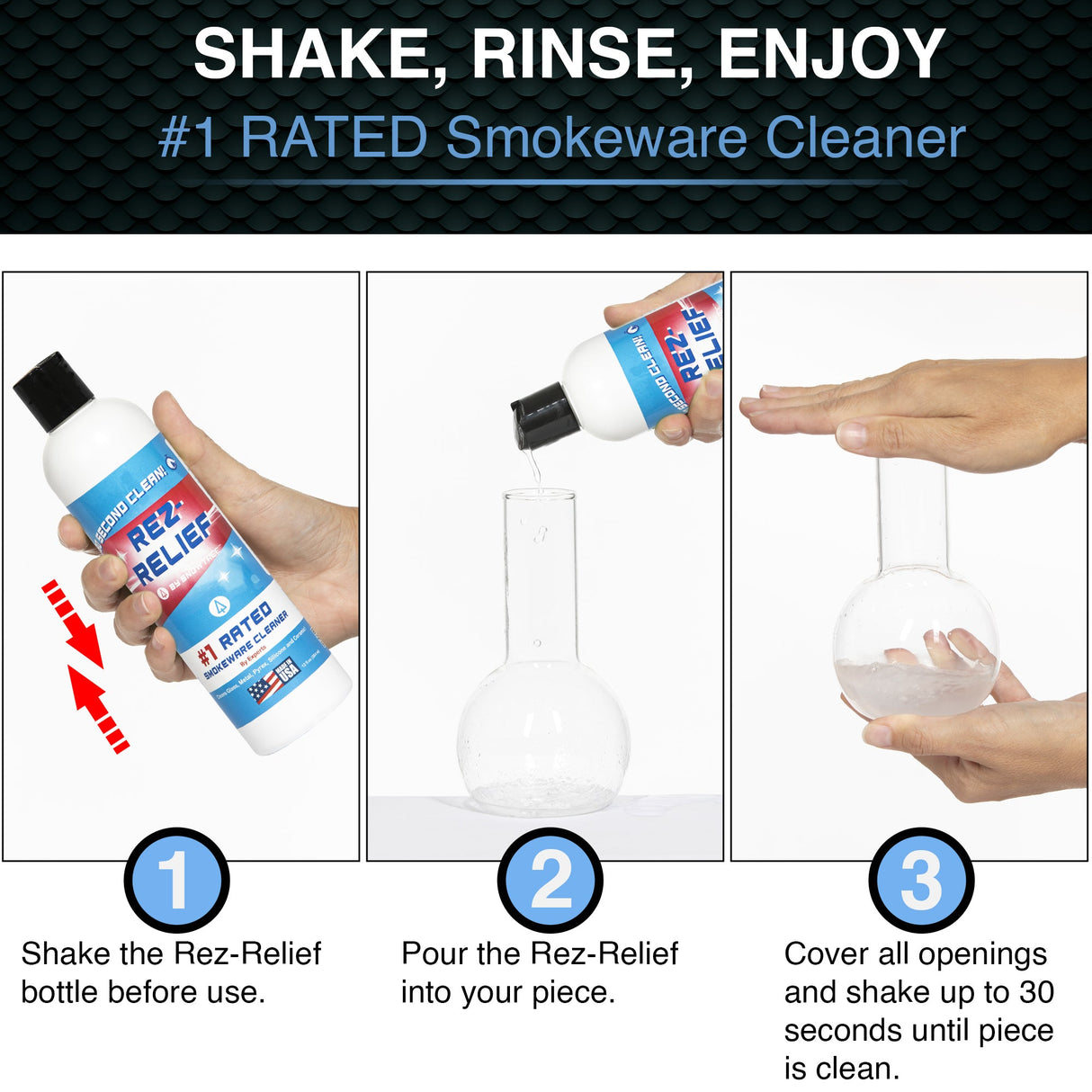 Snowtree Rez Relief Cleaning Solution 2-Pack demonstrating use on glassware, front view