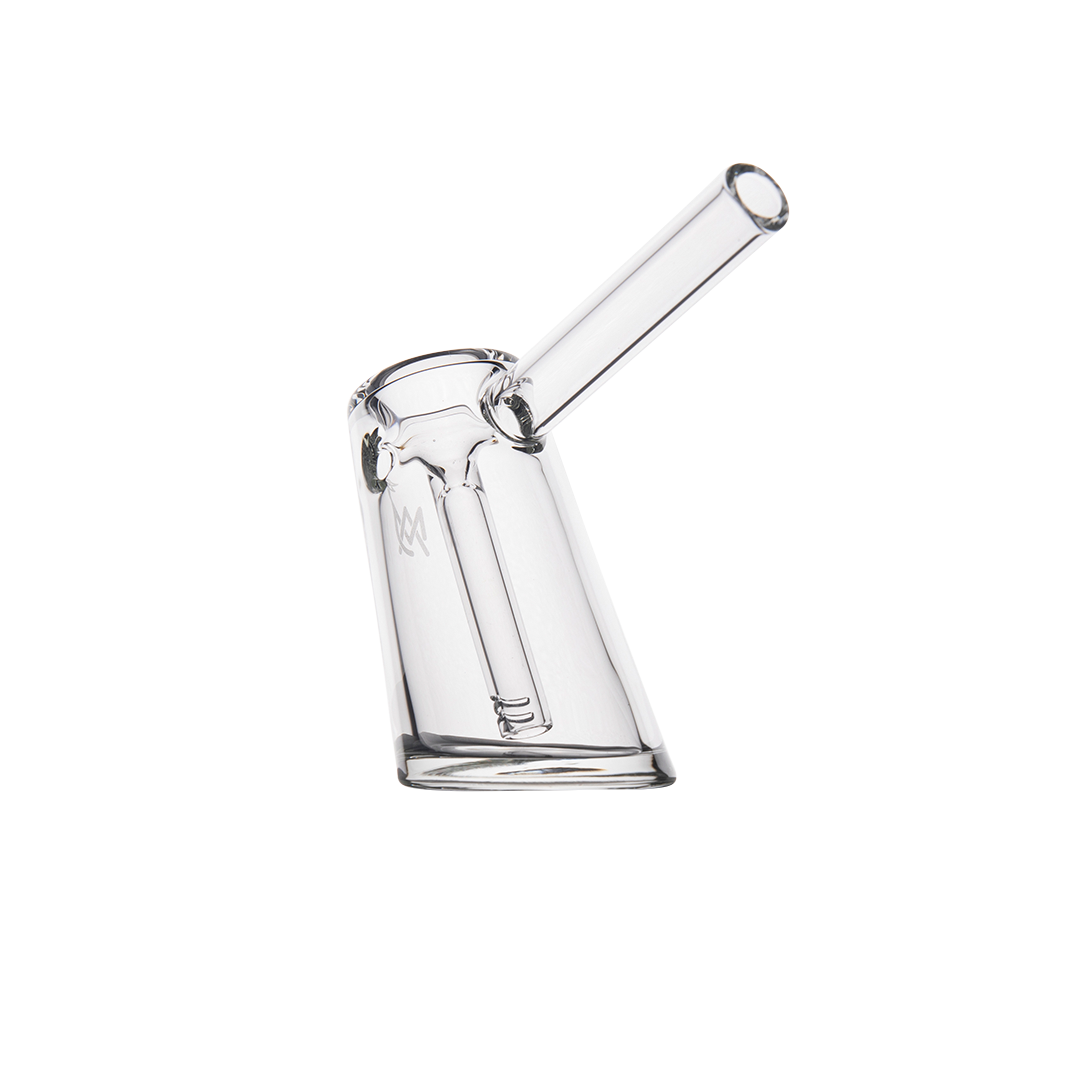 MJ Arsenal Fulcrum Bubbler made of Borosilicate glass, angled side view on a white background