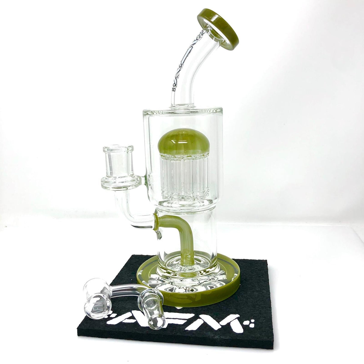 AFM Glass Bong displayed on a 5.5" AFM Mood Mat, front view on white background