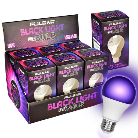 Pulsar LED Black Light Bulbs in packaging, 9 Watts, energy-efficient with vibrant black color output