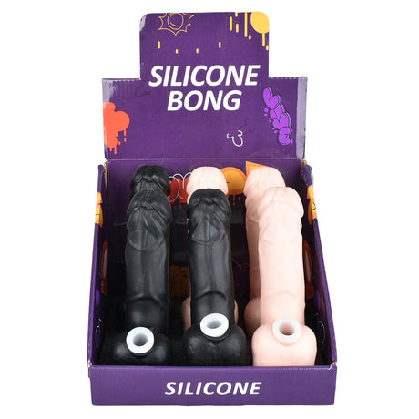 6PC Display of Ding-a-Ling Silicone Water Pipes in Tan and Black, 6.75" Tall, Front View