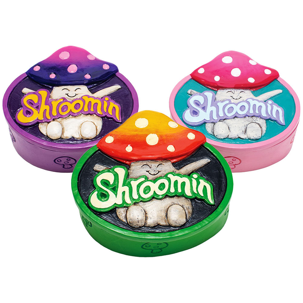Fujima Mushroom Stash Boxes 4" Assorted Colors Top View with Shoomin Design