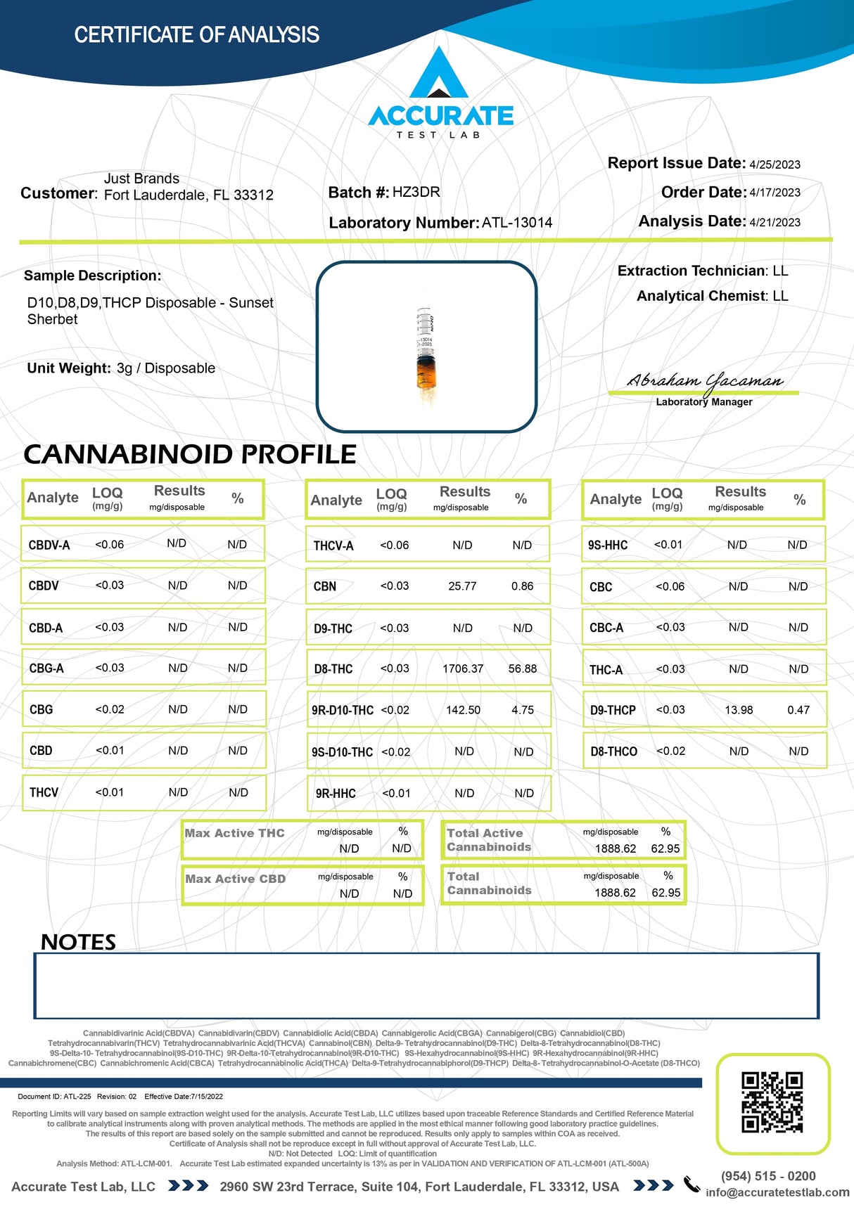 Certificate of Analysis document for Haze Hybrid Dream Blend Vape with test results