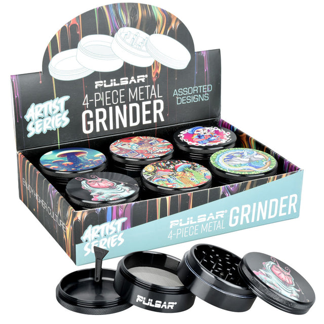 Pulsar Artist Series 2.5" Metal Grinders Display with Assorted Designs, Front View