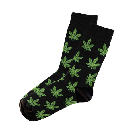 6PK Blazing Buddies Cool Guy Hemp Leaf Socks, black with green leaf pattern, front view