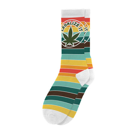 Blazing Buddies 'Legalize It' themed sock with colorful stripes and cannabis leaf, front view