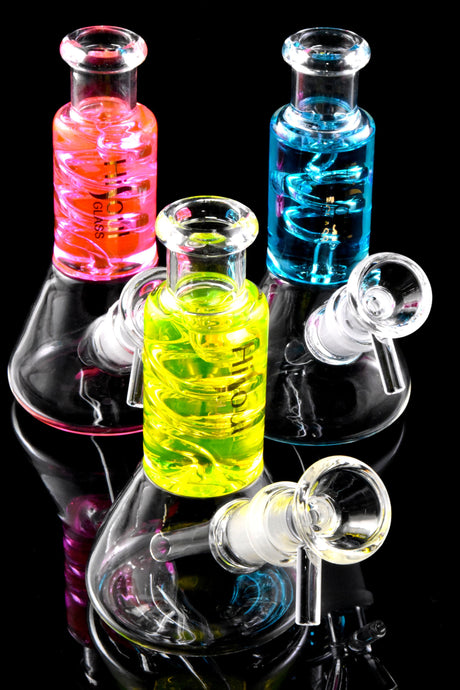 Mini Glass Beaker Bong “Chill Coil” – Fluid-Filled Neck – Assorted Colors