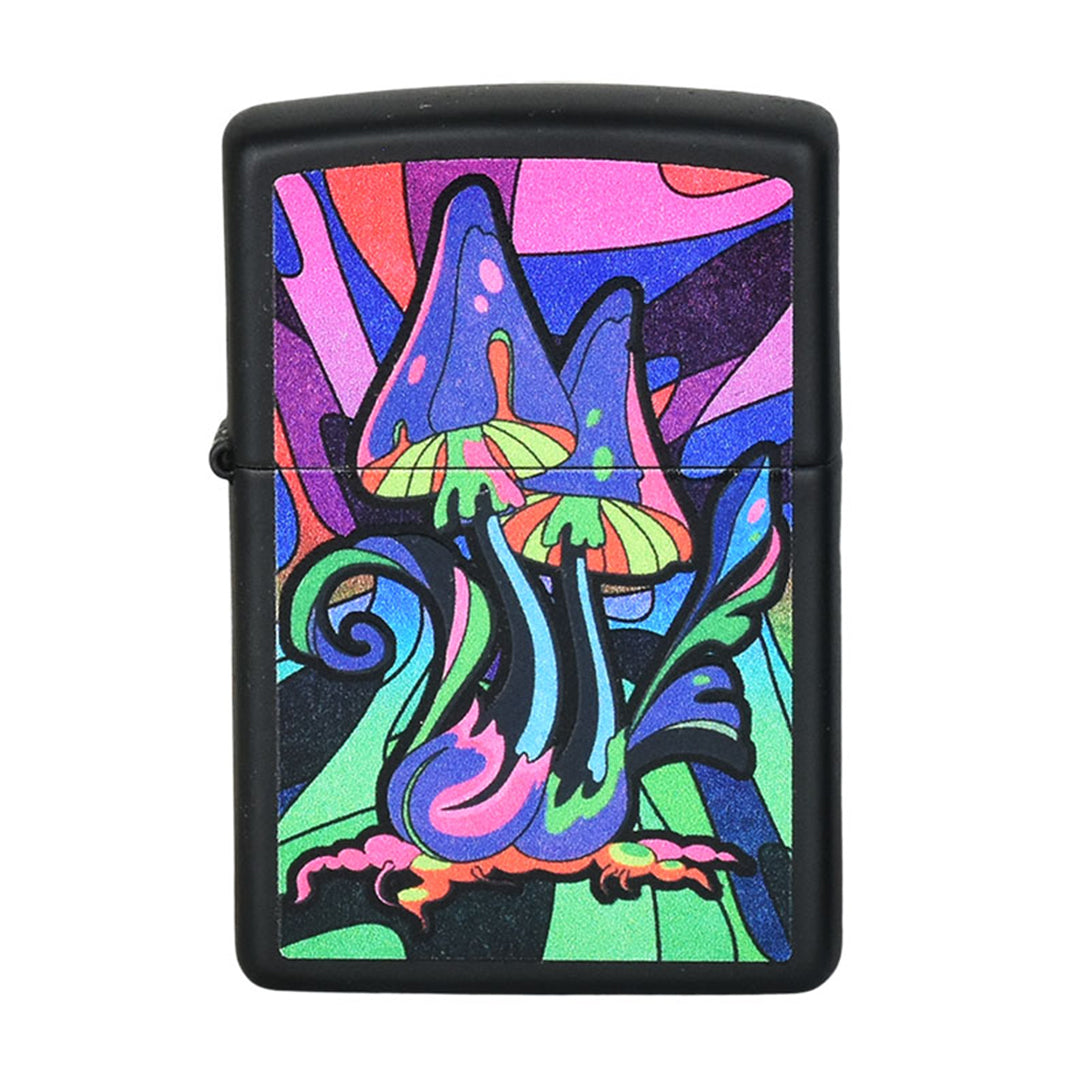 ThreadHeads Zippo Lighter with colorful mushroom design, front view, easy to carry