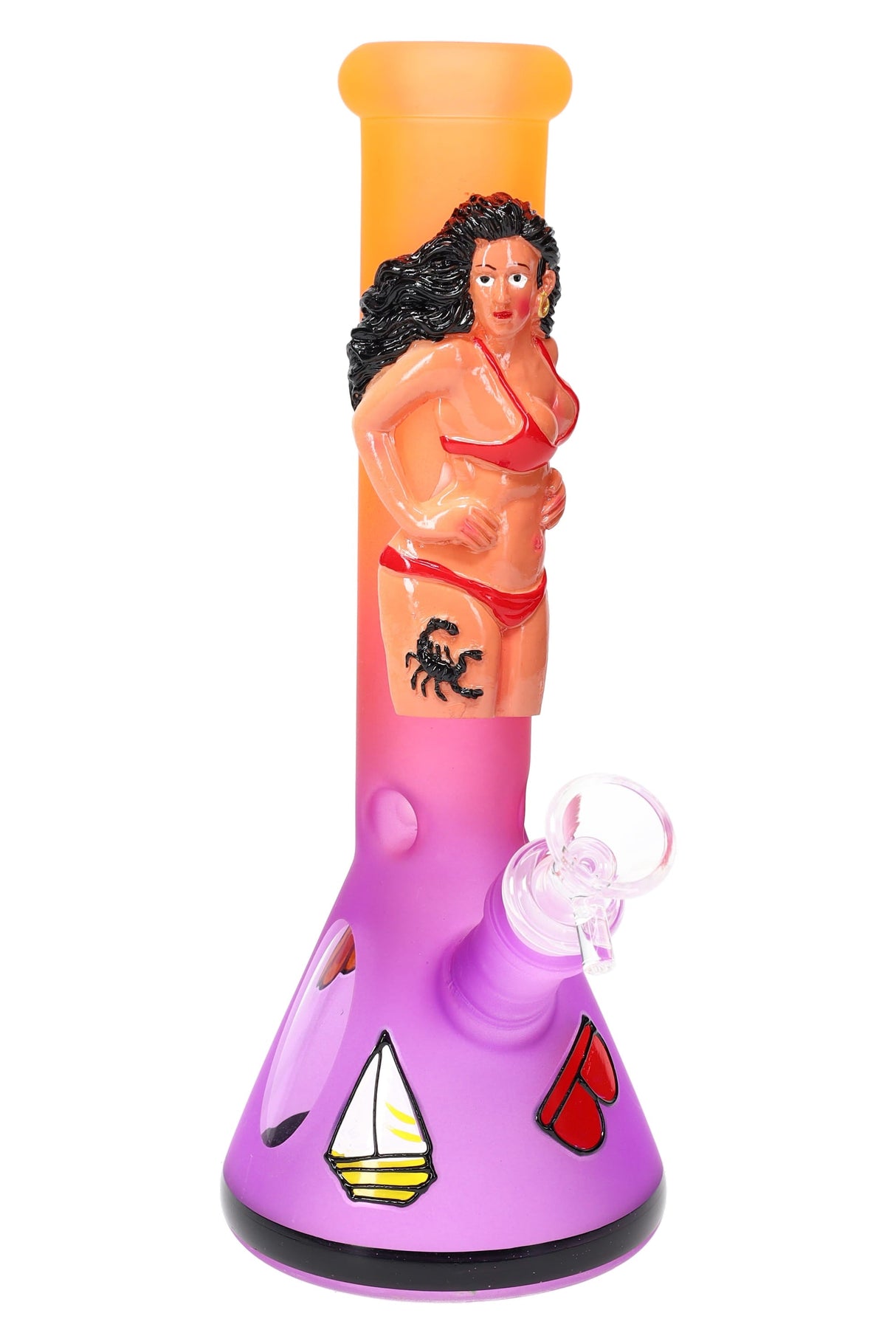 Frosted Glass Beaker Bong “Beach Babe” – Glass-on-Glass – Ice Pinch – 10″