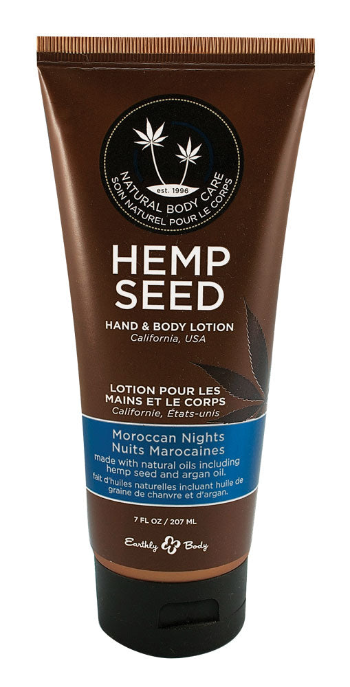 7oz Earthly Body Hemp Seed Hand & Body Lotion tube, Moroccan Nights scent, front view on white