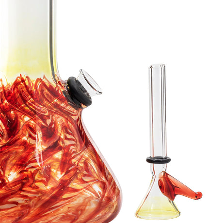 LA Pipes 8" Raked Beaker Water Pipe with vibrant red swirls, side view, for dry herbs