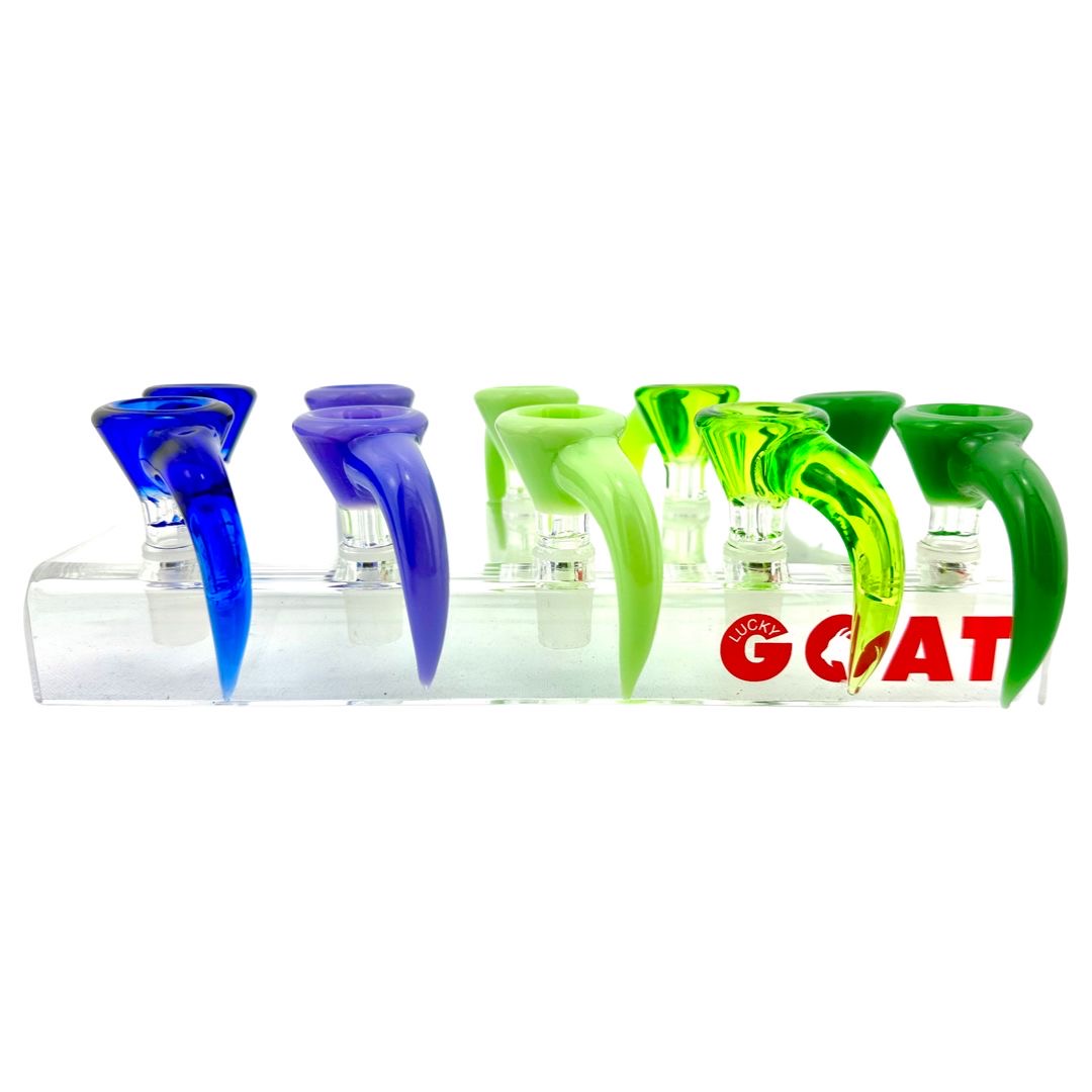 Assorted TRAY LG Lucky Goat Slide Horn Bong Bowls in 14mm, side view on white background