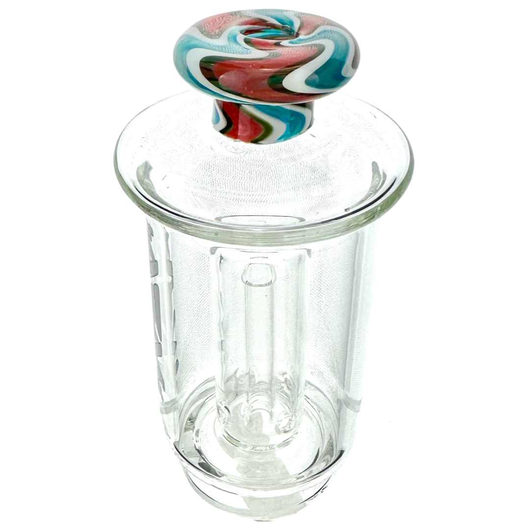 6" AFM Puffco Peak Reversal Attachment with colorful glass top and clear body, front view