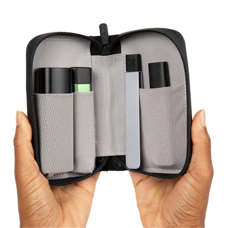PAX Smell Proof Case - Pocket Size held open showing compartments with vape pens