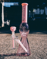 AFM 18" UFO Pink Glass Beaker Bong Bundle with female joint and color accents, front view on white background