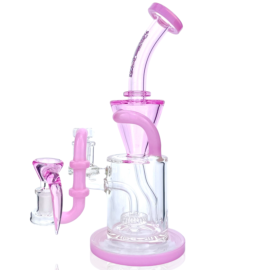 10" AFM Drain Incycler Glass Dab Rig in pink with Showerhead Perc, banger hanger, and angled mouthpiece