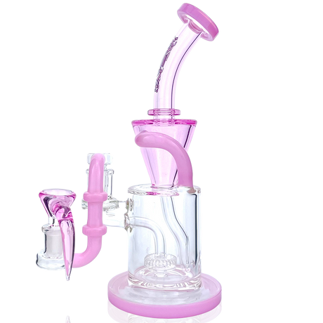 10" AFM Drain Incycler Glass Dab Rig in pink with Showerhead Perc, banger hanger, and angled mouthpiece