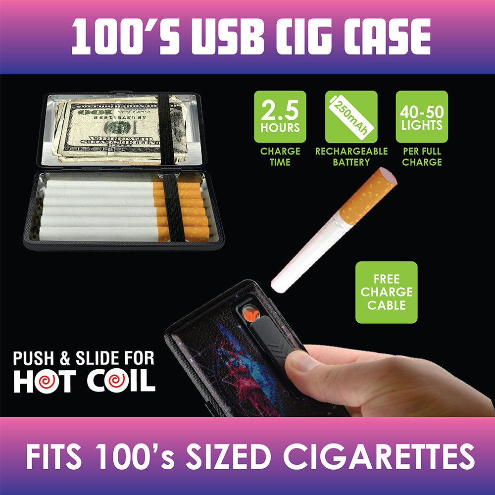 Smokezilla USB Cig Case with rechargeable battery and hot coil feature, shown with cigarettes and cash