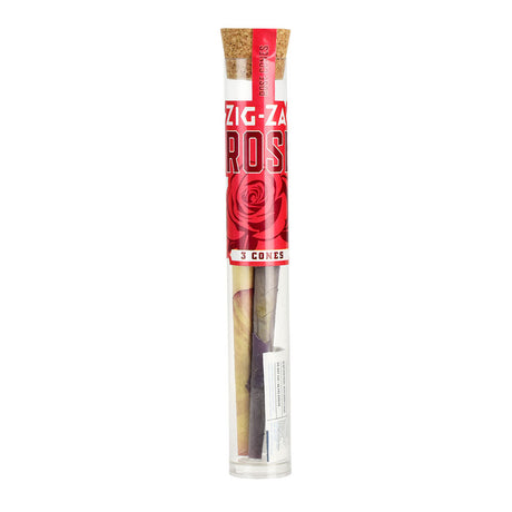 Zig Zag Rose Petal Pre-Rolled Cones 3pk displayed in clear tube with pink floral design, ideal for dry herbs